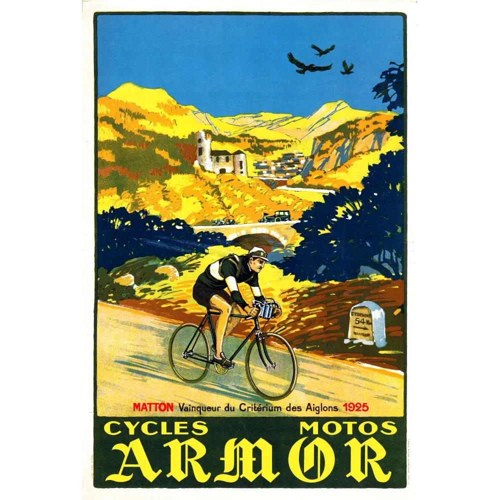 Affiche Cycles Motos Armor 1925 coureur Matton Critérium des Aiglons montagne paysage ocre vélo course Affiche Cycles Motos Armor 1925 coureur Matton Critérium des Aiglons montagne paysage ocre vélo course