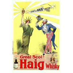 Affiche publicité Haig Whisky Great Scot Statue de la Liberté Uncle Sam avion Spirit of Haig signé Guillaume