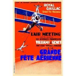 Affiche Grande Fête Aérienne biplan acrobates parachutistes Williams Genet Royal Gaillac vin mousseux fond rouge