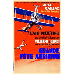 Affiche Grande Fête Aérienne biplan acrobates parachutistes Williams Genet Royal Gaillac vin mousseux fond rouge