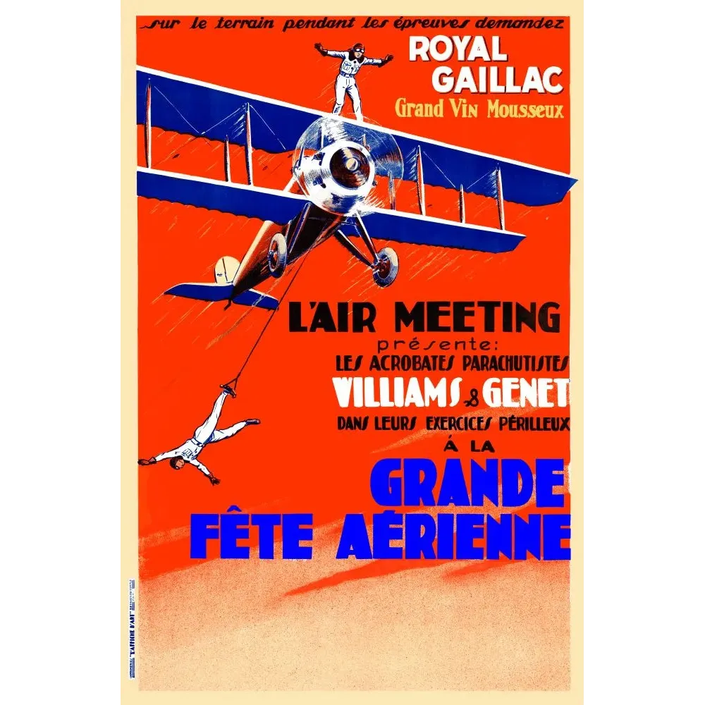 Affiche Grande Fête Aérienne biplan acrobates parachutistes Williams Genet Royal Gaillac vin mousseux fond rouge Affiche Grande Fête Aérienne biplan acrobates parachutistes Williams Genet Royal Gaillac vin mousseux fond rouge