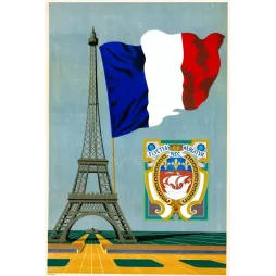Illustration Art Déco Tour Eiffel drapeau tricolore blason armes de Paris devise Fluctuat Nec Mergitur ciel bleu