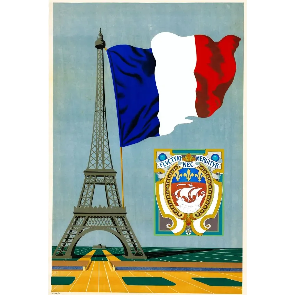 Illustration Art Déco Tour Eiffel drapeau tricolore blason armes de Paris devise Fluctuat Nec Mergitur ciel bleu Illustration Art Déco Tour Eiffel drapeau tricolore blason armes de Paris devise Fluctuat Nec Mergitur ciel bleu