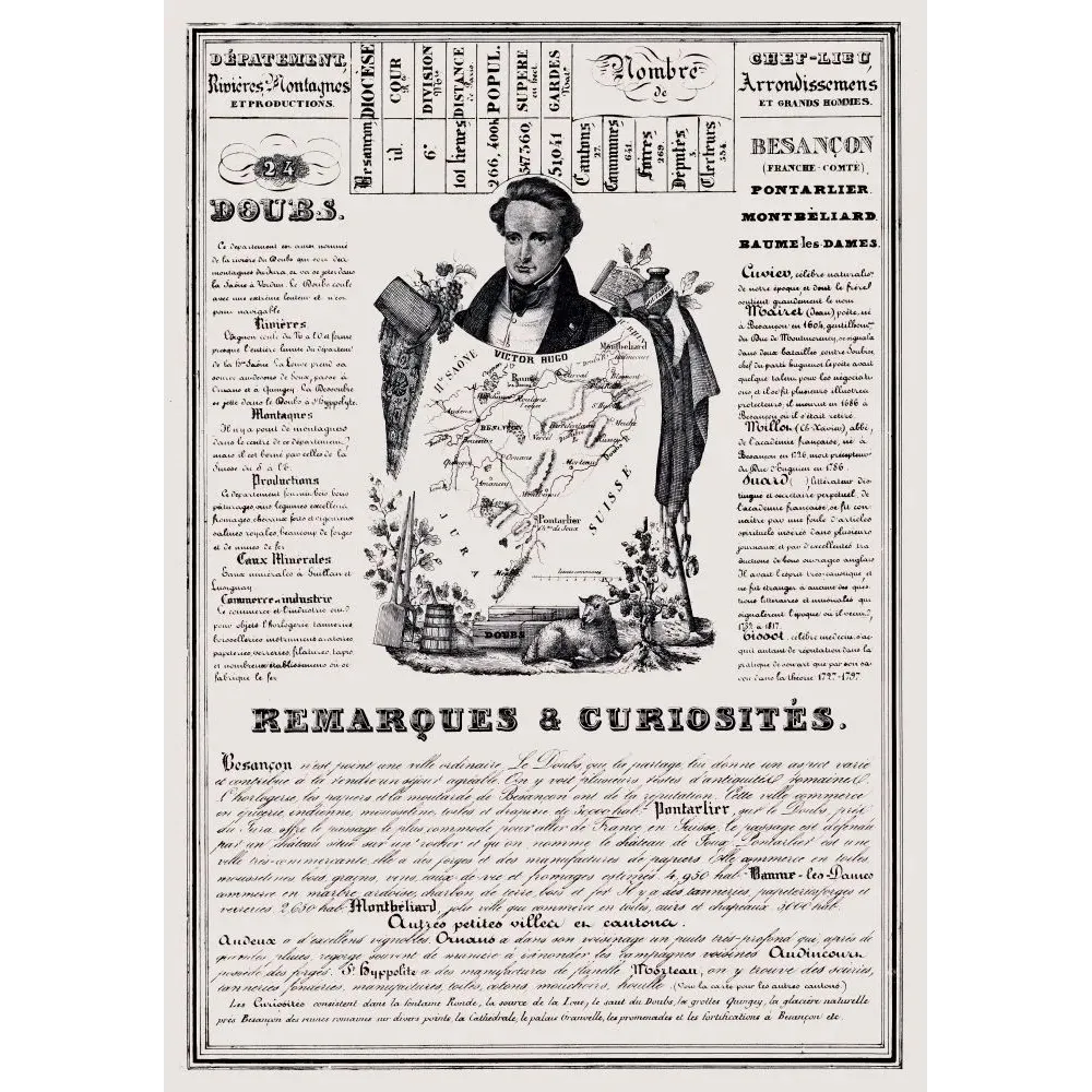 Document statistique département Doubs n°24 portrait Victor Hugo carte Besançon Pontarlier Montbéliard XIXe siècle