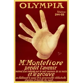 Affiche Olympia Paris Montefiore chiromancien grande main ouverte fond bordeaux signé Spes Minot Paris
