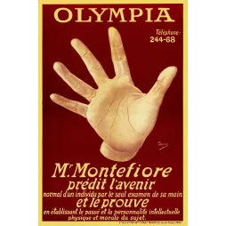 Affiche Olympia Paris Montefiore chiromancien grande main ouverte fond bordeaux signé Spes Minot Paris