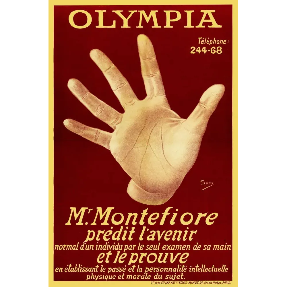 Affiche Olympia Paris Montefiore chiromancien grande main ouverte fond bordeaux signé Spes Minot Paris