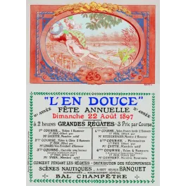 Affiche régates L'En Douce fête annuelle 22 août 1897 figure allégorique barque Art Nouveau Roedel Chaix Paris