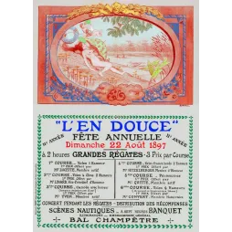 Affiche régates L'En Douce fête annuelle 22 août 1897 figure allégorique barque Art Nouveau Roedel Chaix Paris