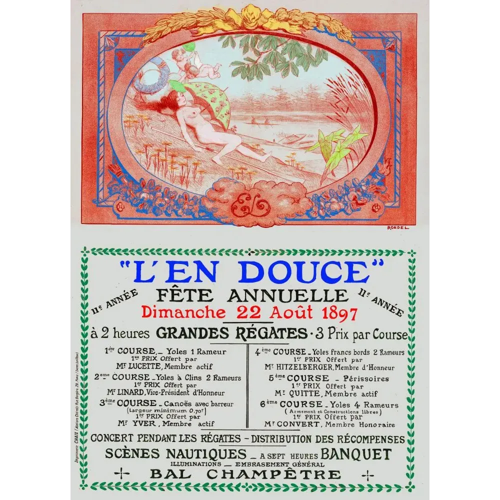 Affiche régates L'En Douce fête annuelle 22 août 1897 figure allégorique barque Art Nouveau Roedel Chaix Paris Affiche régates L'En Douce fête annuelle 22 août 1897 figure allégorique barque Art Nouveau Roedel Chaix Paris