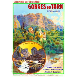 Affiche touristique Gorges du Tarn château de la Caze Pas-de-Soucy Chemins de Fer du Midi Clément-Quinion