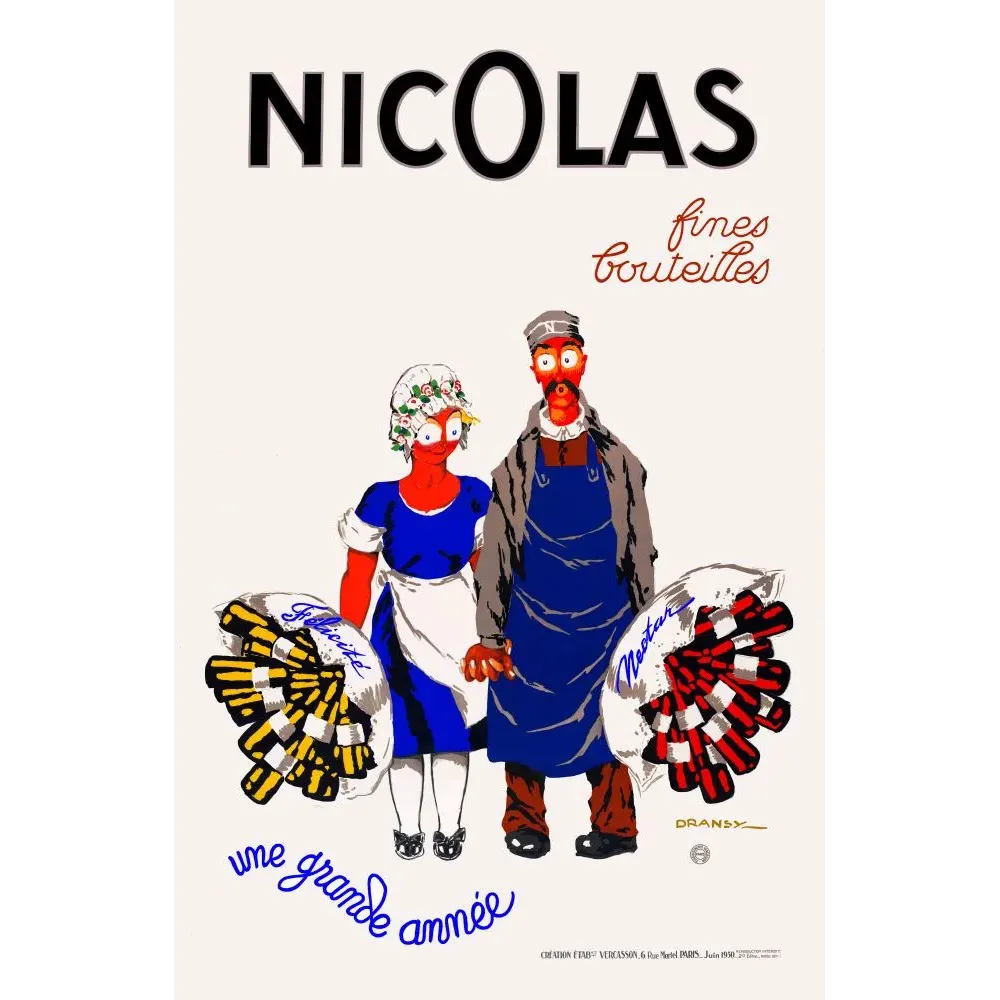Affiche publicité Nicolas fines bouteilles 1930 Félicia Nectar bouteilles signé Dransy Vercasson Paris grande année Affiche publicité Nicolas fines bouteilles 1930 Félicia Nectar bouteilles signé Dransy Vercasson Paris grande année