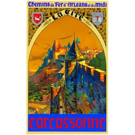 Affiche touristique Carcassonne La Cité Chemins de Fer Orléans Midi remparts tours arc gothique signé Champseix teintes vives