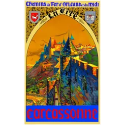 Affiche touristique Carcassonne La Cité Chemins de Fer Orléans Midi remparts tours arc gothique signé Champseix teintes vives