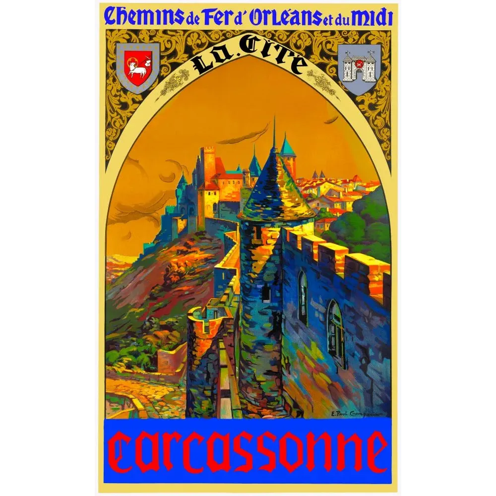 Affiche touristique Carcassonne La Cité Chemins de Fer Orléans Midi remparts tours arc gothique signé Champseix teintes vives Affiche touristique Carcassonne La Cité Chemins de Fer Orléans Midi remparts tours arc gothique signé Champseix teintes vives