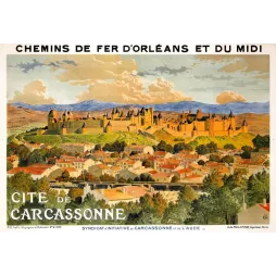 Affiche touristique Cité de Carcassonne 1909 Chemins de Fer Orléans Midi vue panoramique remparts ville basse Malherbe