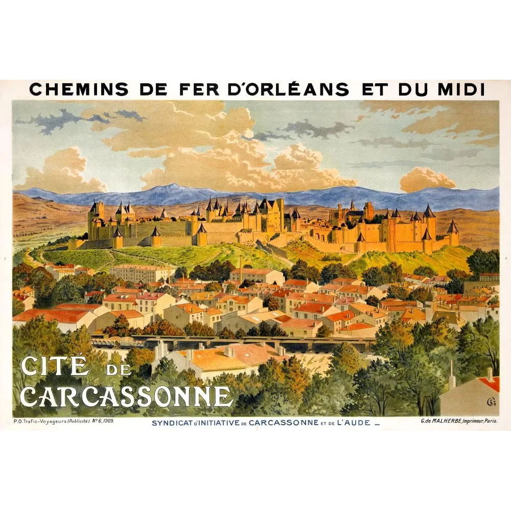 Affiche touristique Cité de Carcassonne 1909 Chemins de Fer Orléans Midi vue panoramique remparts ville basse Malherbe Affiche touristique Cité de Carcassonne 1909 Chemins de Fer Orléans Midi vue panoramique remparts ville basse Malherbe