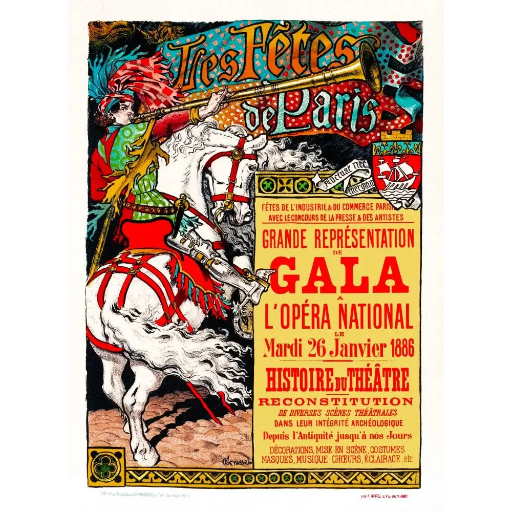 Affiche Les Fêtes de Paris Gala Opéra National 26 janvier 1886 héraut cheval trompette blason Paris signé Grasset