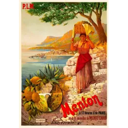 Affiche PLM Menton paysanne panier fruits baie Menton Côte d'Azur vignette Pont Saint-Louis signé Hugo d'Alési