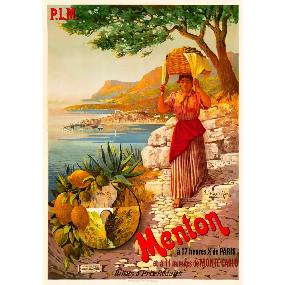 Affiche PLM Menton paysanne panier fruits baie Menton Côte d'Azur vignette Pont Saint-Louis signé Hugo d'Alési