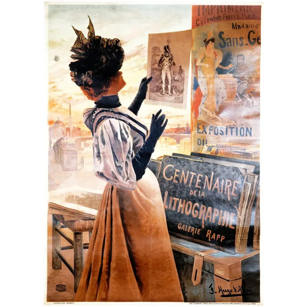 Affiche Centenaire de la Lithographie Galerie Rapp Paris bouquiniste Seine élégante Parisienne signé Hugo d'Alési Courmont Affiche Centenaire de la Lithographie Galerie Rapp Paris bouquiniste Seine élégante Parisienne signé Hugo d'Alési Courmont