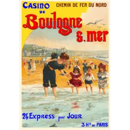 Affiche touristique Casino Boulogne-sur-Mer Chemin de Fer du Nord plage enfants baignade signé H. Gray