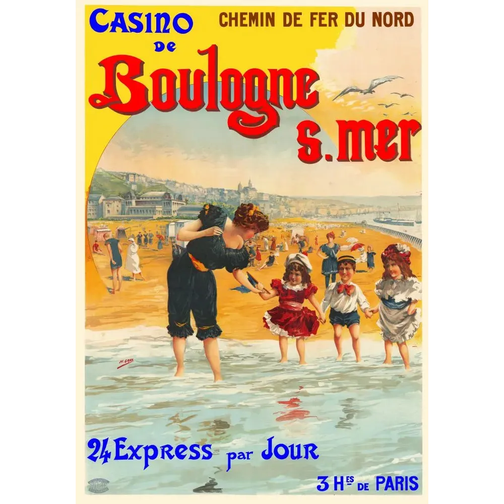 Affiche touristique Casino Boulogne-sur-Mer Chemin de Fer du Nord plage enfants baignade signé H. Gray Affiche touristique Casino Boulogne-sur-Mer Chemin de Fer du Nord plage enfants baignade signé H. Gray