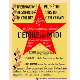 Affiche publicité L'Étoile du Midi grande étoile rouge fond jaune timbres prime bons Eden B. Sirven Paris