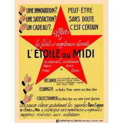 Affiche publicité L'Étoile du Midi grande étoile rouge fond jaune timbres prime bons Eden B. Sirven Paris