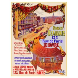 Affiche ameublements style Robert Beauvais 133 rue de Paris Le Havre Normandie vue rue façade magasin Camis Paris