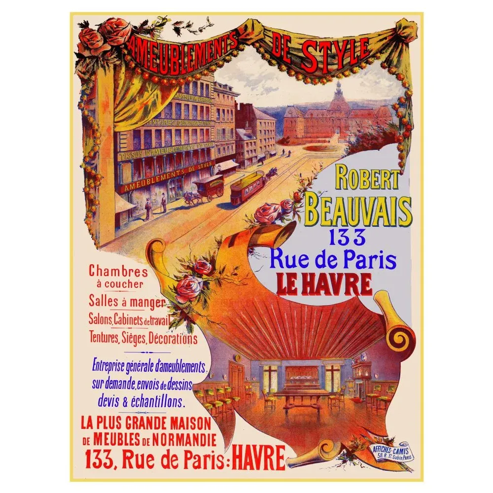 Affiche ameublements style Robert Beauvais 133 rue de Paris Le Havre Normandie vue rue façade magasin Camis Paris Affiche ameublements style Robert Beauvais 133 rue de Paris Le Havre Normandie vue rue façade magasin Camis Paris