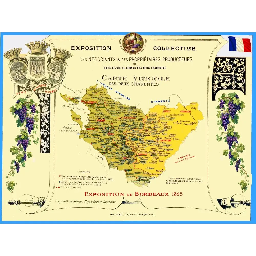 Carte viticole Deux Charentes Exposition Bordeaux 1895 Cognac distilleries blasons Aunis Saintonge Angoumois Bailleau Camis Carte viticole Deux Charentes Exposition Bordeaux 1895 Cognac distilleries blasons Aunis Saintonge Angoumois Bailleau Camis