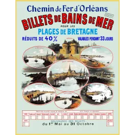 Affiche Chemin de Fer Orléans billets bains de mer plages Bretagne Croisic Guérande Saint-Nazaire Carnac Concarneau vignettes
