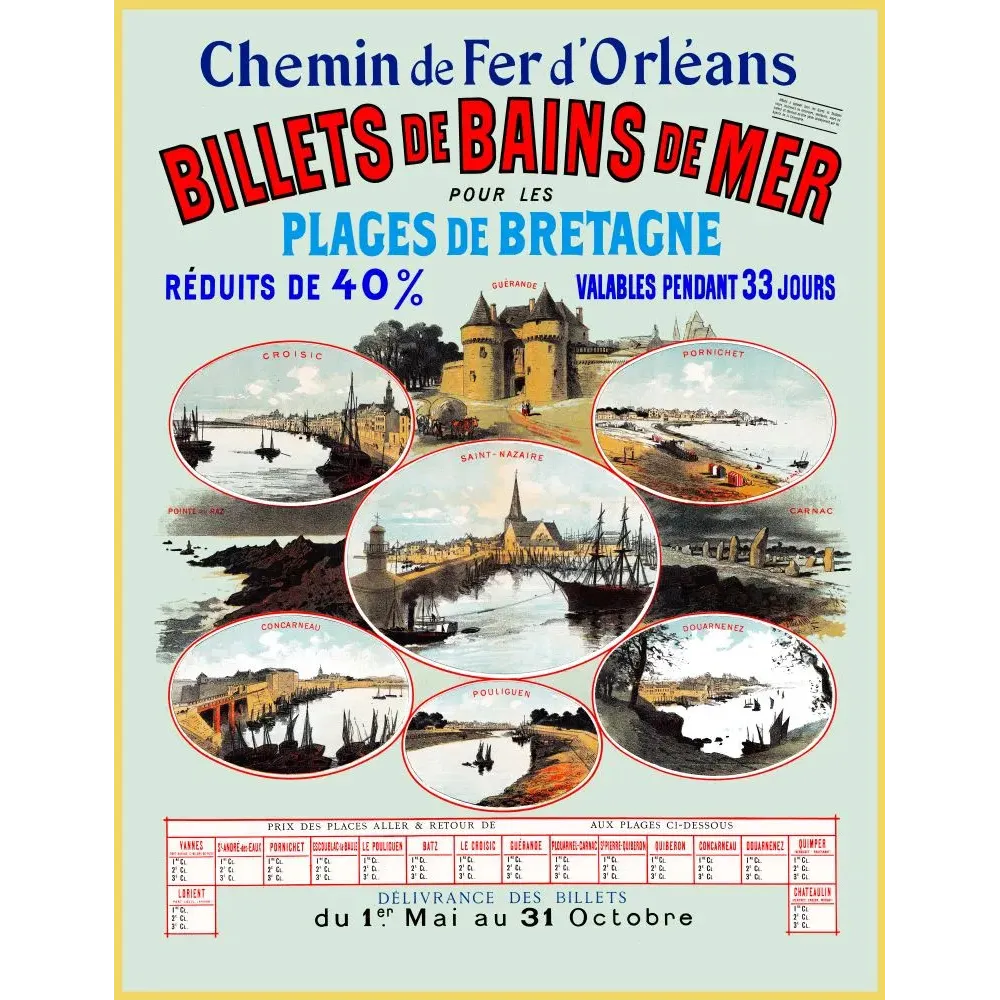 Affiche Chemin de Fer Orléans billets bains de mer plages Bretagne Croisic Guérande Saint-Nazaire Carnac Concarneau vignettes Affiche Chemin de Fer Orléans billets bains de mer plages Bretagne Croisic Guérande Saint-Nazaire Carnac Concarneau vignettes