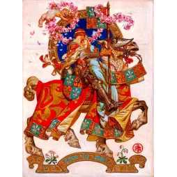 Illustration Lune de Miel chevalier armure rouge fleurs de lys cheval caparaçonné angelot roses monogramme Leyendecker