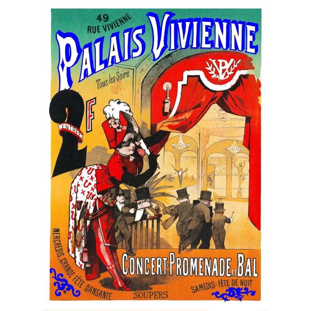 Affiche Palais Vivienne 49 rue Vivienne Paris concert promenade bal danseuse rouge plumes hauts-de-forme public