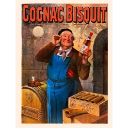 Affiche Cognac Bisquit Dubouché maître de chai tablier bleu cave voûtée fûts caisses bois bouteille