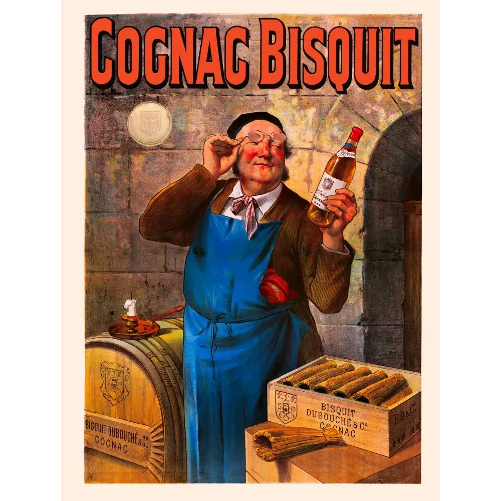 Affiche Cognac Bisquit Dubouché maître de chai tablier bleu cave voûtée fûts caisses bois bouteille Affiche Cognac Bisquit Dubouché maître de chai tablier bleu cave voûtée fûts caisses bois bouteille