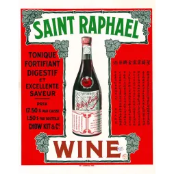 Affiche Saint Raphaël Wine bilingue français chinois tonique Chow Kit fond rouge bouteille Champenois Paris