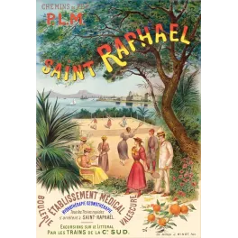 Affiche PLM Saint-Raphaël établissement médical hydrothérapie tennis jardin méditerranéen baie voiliers Minot Paris