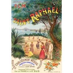 Affiche PLM Saint-Raphaël établissement médical hydrothérapie tennis jardin méditerranéen baie voiliers Minot Paris
