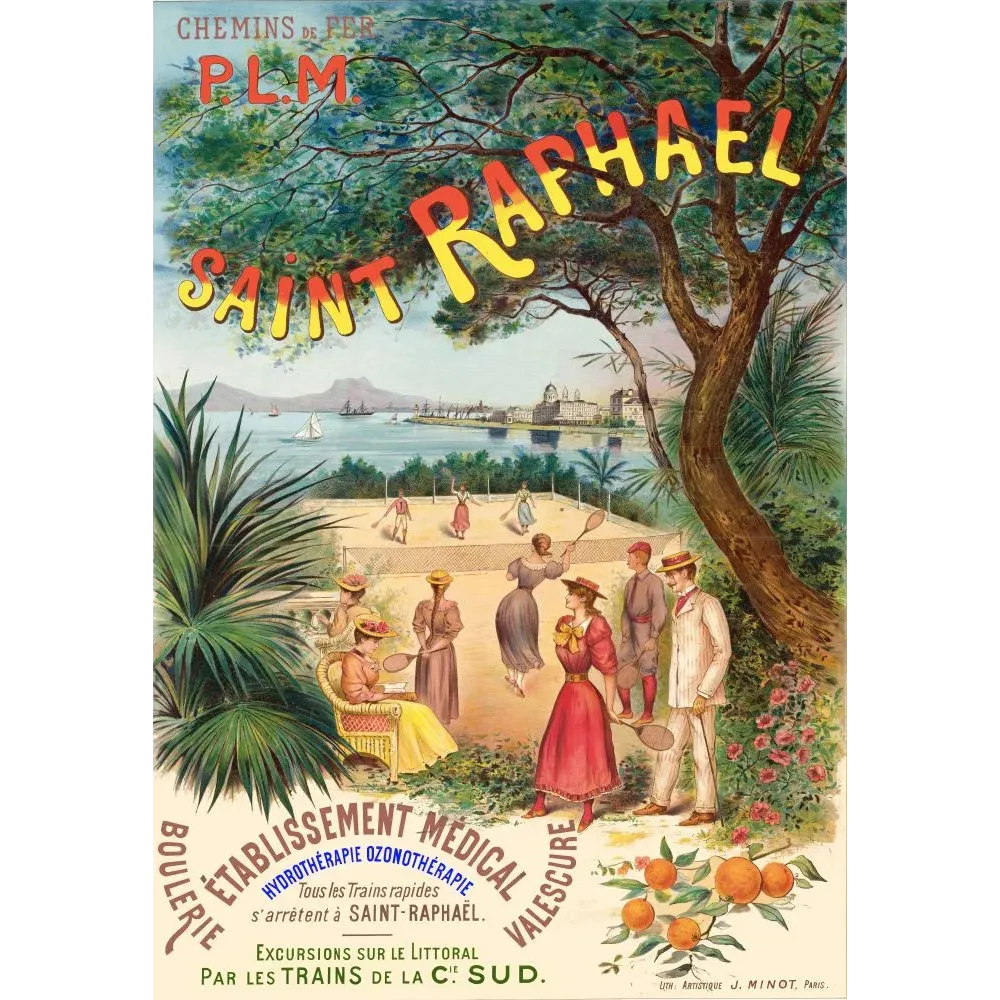 Affiche PLM Saint-Raphaël établissement médical hydrothérapie tennis jardin méditerranéen baie voiliers Minot Paris Affiche PLM Saint-Raphaël établissement médical hydrothérapie tennis jardin méditerranéen baie voiliers Minot Paris