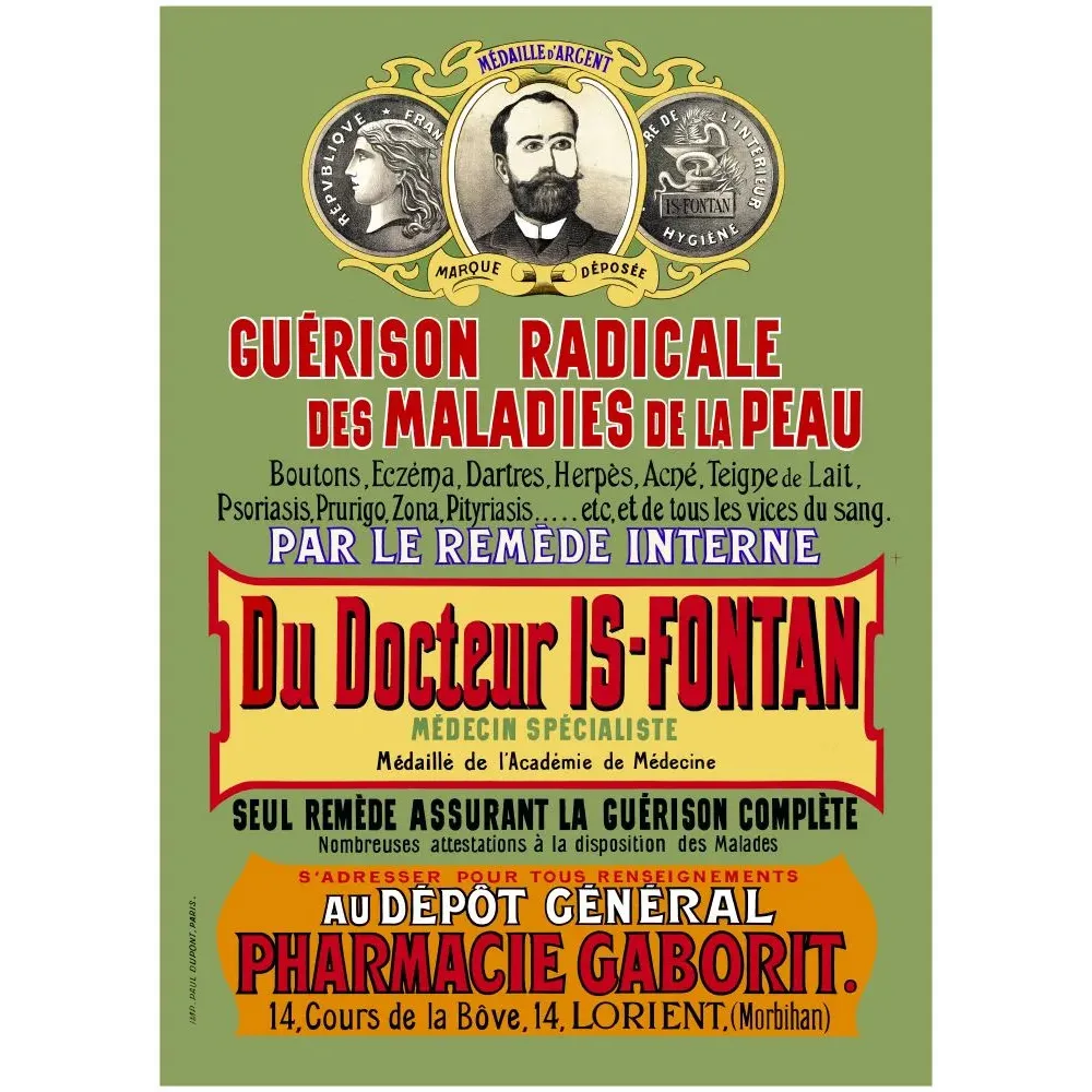 Affiche médicale Docteur Is-Fontan guérison maladies peau portrait médaillon Pharmacie Gaborit Lorient Morbihan Affiche médicale Docteur Is-Fontan guérison maladies peau portrait médaillon Pharmacie Gaborit Lorient Morbihan