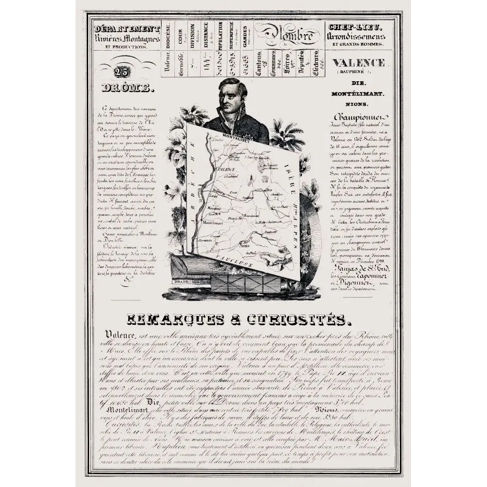 Document statistique département Drôme n°25 portrait Napoléon Bonaparte carte Valence Montélimar Die Nions XIXe siècle Document statistique département Drôme n°25 portrait Napoléon Bonaparte carte Valence Montélimar Die Nions XIXe siècle
