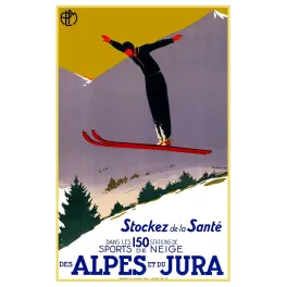 Affiche PLM Alpes Jura 150 stations sports de neige skieur saut combinaison noire skis rouges Art Déco signé Naurac 1930