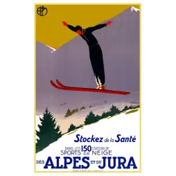 Affiche PLM Alpes Jura 150 stations sports de neige skieur saut combinaison noire skis rouges Art Déco signé Naurac 1930