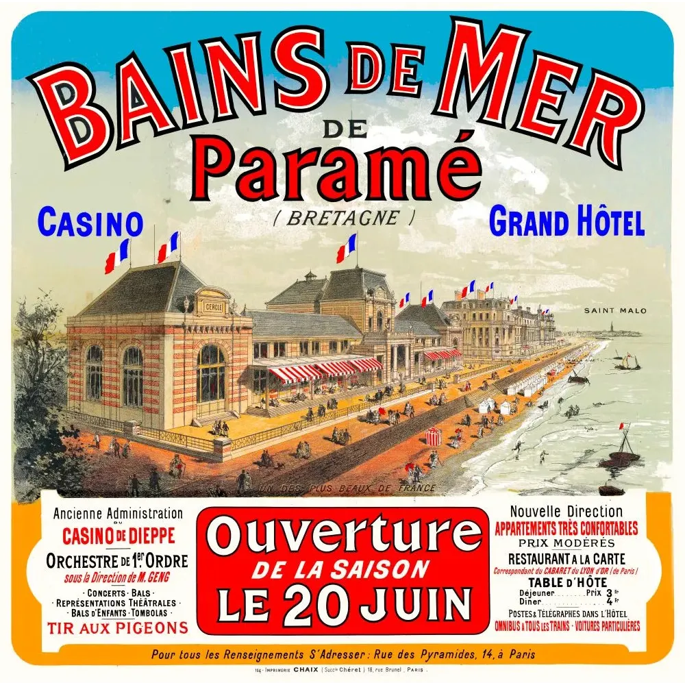 Affiche Bains de Mer Paramé Bretagne casino grand hôtel front de mer Saint-Malo ouverture saison Chaix Paris Affiche Bains de Mer Paramé Bretagne casino grand hôtel front de mer Saint-Malo ouverture saison Chaix Paris