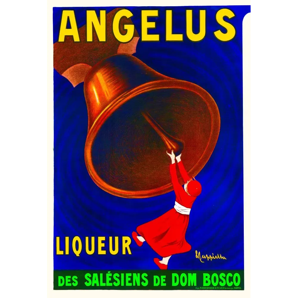 Affiche Angelus Liqueur Salésiens Dom Bosco moine rouge cloche bronze fond bleu signé Leonetto Cappiello Vercasson Paris Affiche Angelus Liqueur Salésiens Dom Bosco moine rouge cloche bronze fond bleu signé Leonetto Cappiello Vercasson Paris