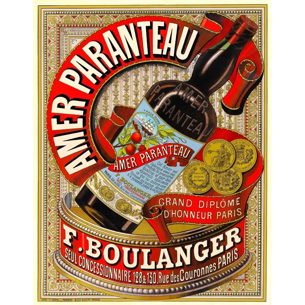 Affiche Amer Paranteau F. Boulanger concessionnaire 128-130 rue Couronnes Paris bouteille médailles Appel Parrot Affiche Amer Paranteau F. Boulanger concessionnaire 128-130 rue Couronnes Paris bouteille médailles Appel Parrot