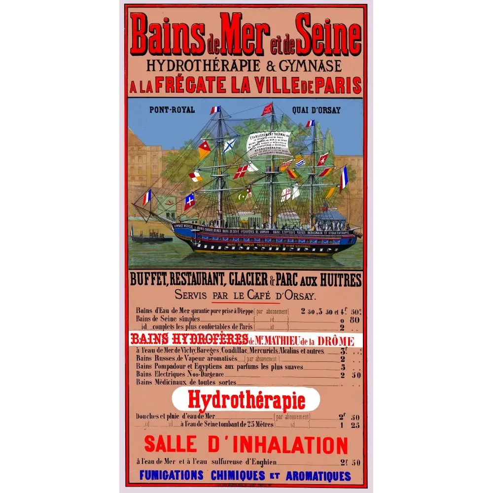 Affiche Bains de Mer et de Seine frégate La Ville de Paris Pont-Royal quai d'Orsay hydrotherapie gymnase drapeaux
